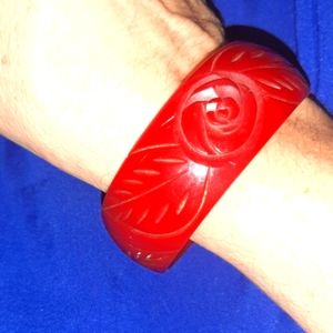 Vintage Cherry Red Carved Bakelite Bangle